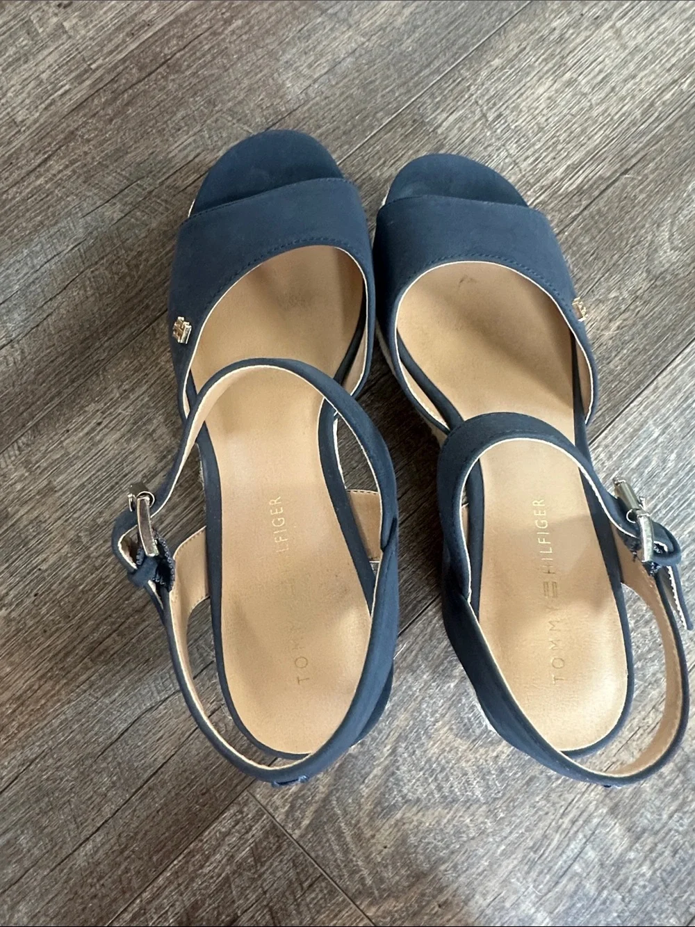 Tommy Hilfiger Navy Espadrille Wedge Sandals with Gold Logo